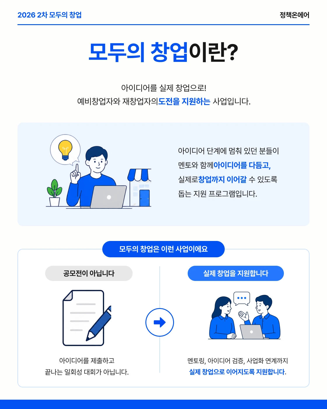 아이디어를 멘토와 다듬어 실제 창업까지 연결하는 모두의 창업 사업 설명
